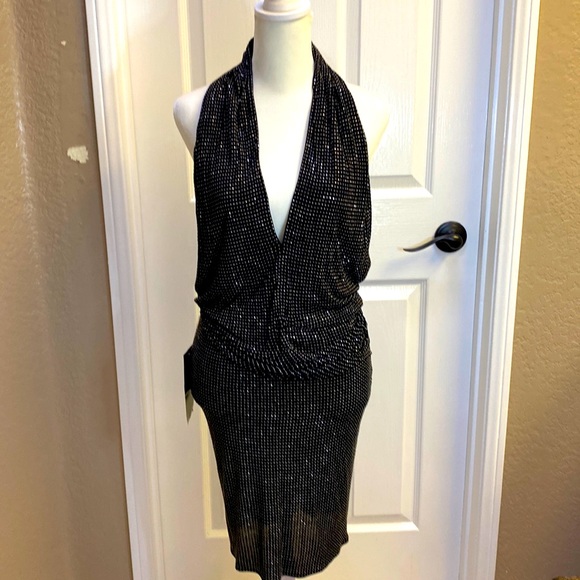 bebe Dresses & Skirts - NWT Vintage bebe Deep V Neck Plunge Open Back Mini Dress Black Silver Sequin S